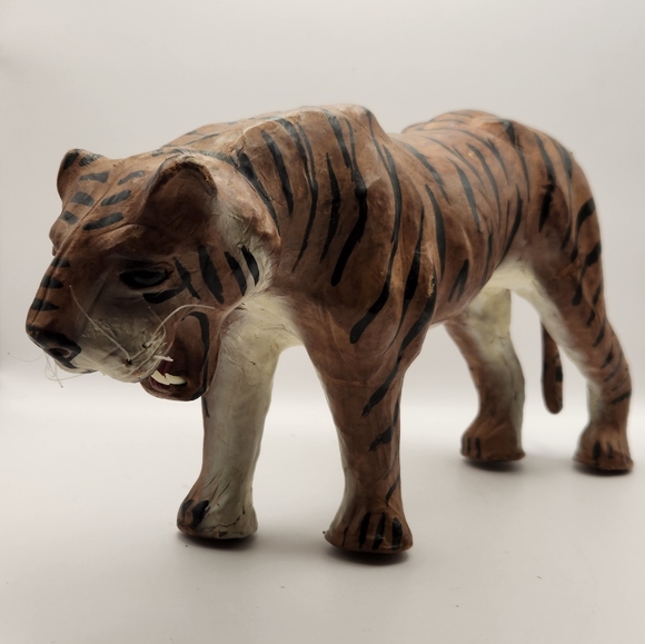 Art Vintage Genuine Leather Wrapped Hand Painted Paper Mache Tiger